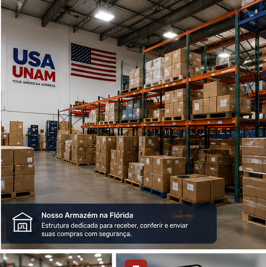 Armazém da USA UNAM na Flórida com estrutura de prateleiras e caixas organizadas.